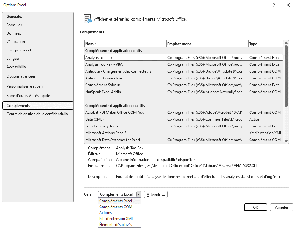 Excel - Fichier - Options - Complements