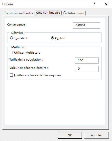 Excel - Solveur - fenêtre des options  GRG non-linéraire