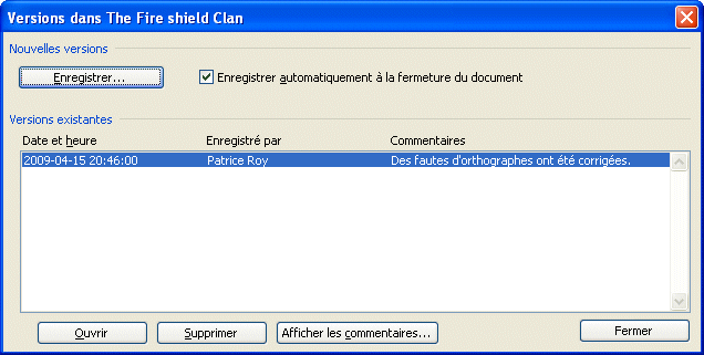 Word 2003 - fenêtre de versions du document