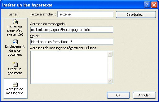 Excel 2007 - Lien hypertexte - Courriel
