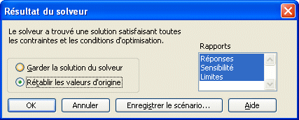 Excel 2007 : Fen&ecirc;tre r&eacute;sultat du Solveur