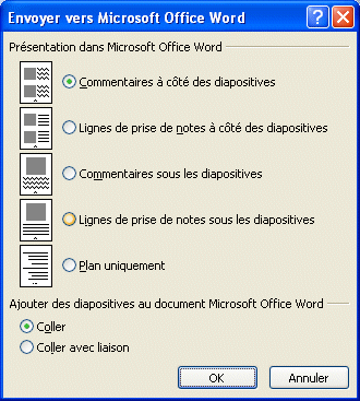 powerpoint 2007 : Envoyer vers Microsoft Office Word