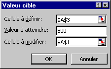 Cellule � d�finir: A3, Valeur � atteindre: 500, Cellule � modifier: A1