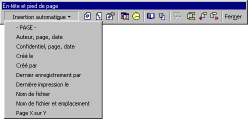 Barre d'outils pour en-tête et pied de page