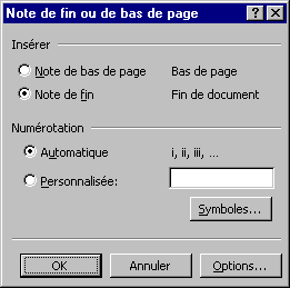 fenêtre options pour les notes (bas de page et fin de document)