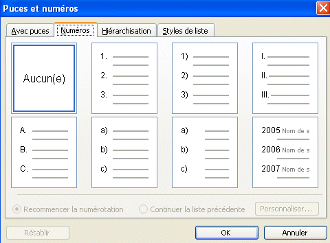 word 2003:format numéros