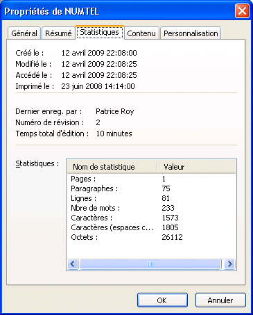 Word 2003 - Onglet Statistiques des propriétés du document