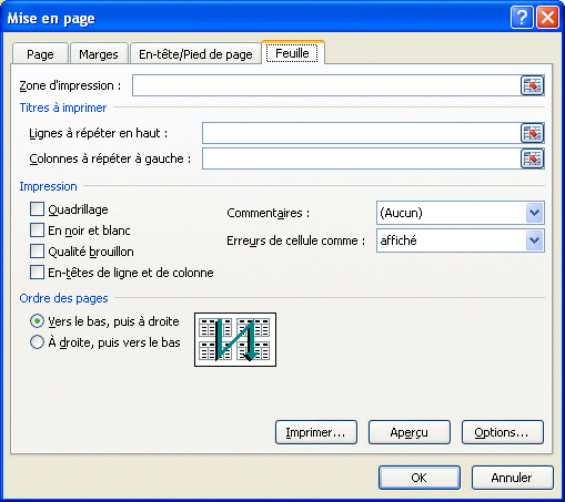 Excel 2007 - mise en page - onglet Feuille