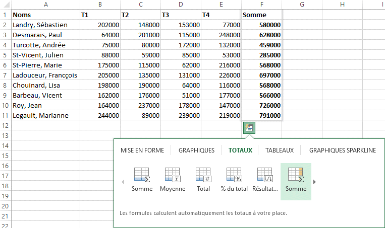 Excel 2013: analyse rapide - totaux par colonne