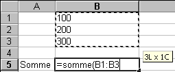 =somme(B1:B3)