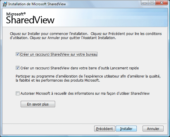 Placement de racourcis vers Microsoft SharedView